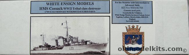 White Ensign 1/700 HMS Cossack Tribal Class Destroyer, WEM K703 plastic model kit